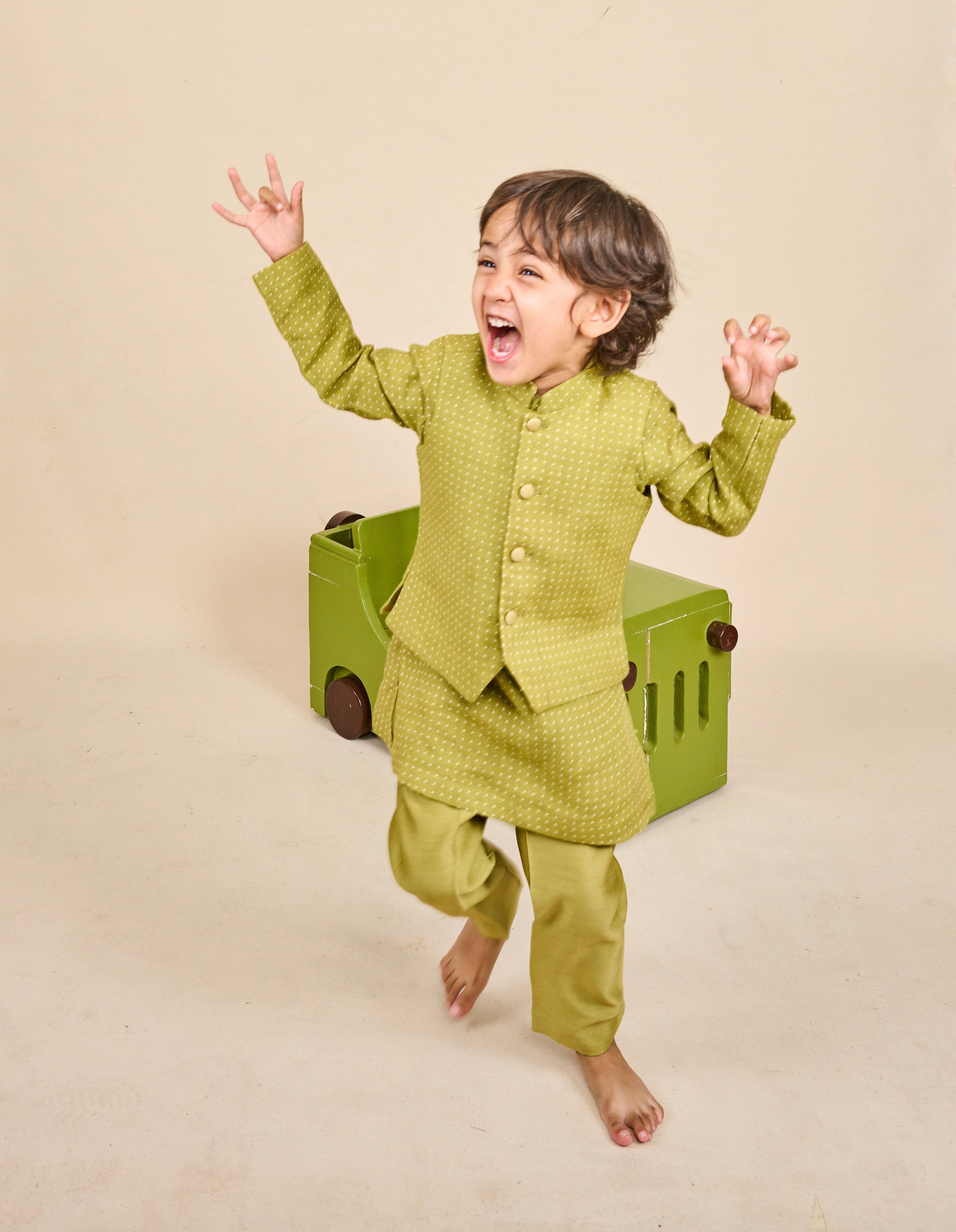 Pear Green Linen Kurta Jacket Set