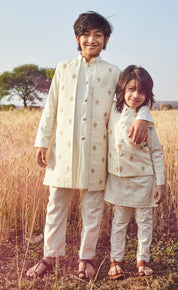Off White Embroidered Kurta And Long Jacket Set