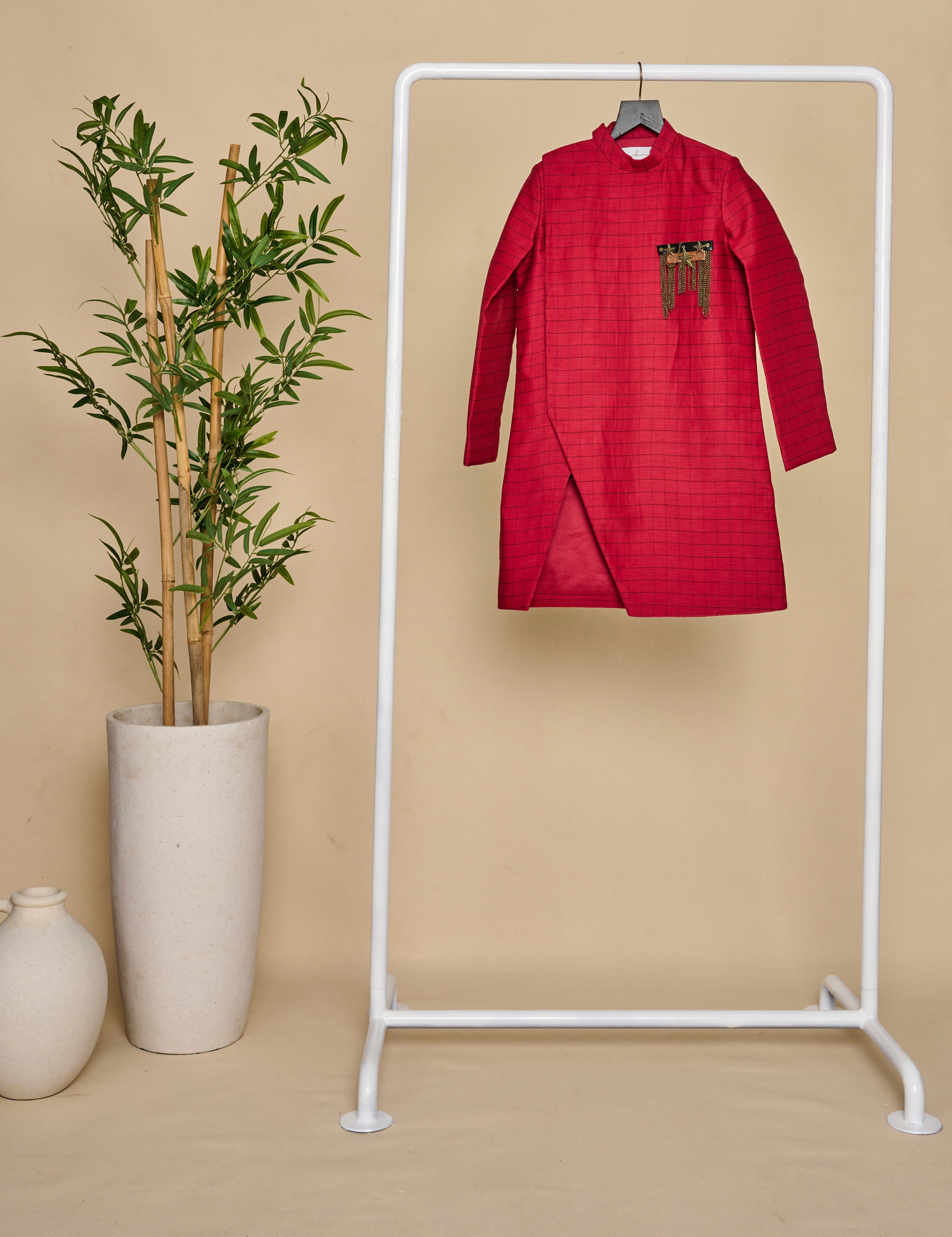 Berry Red Slit Achkan Set
