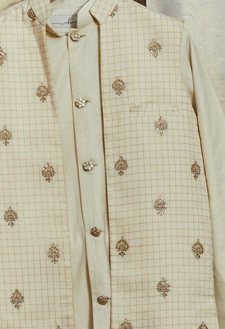 Off White Embroidered Kurta And Long Jacket Set