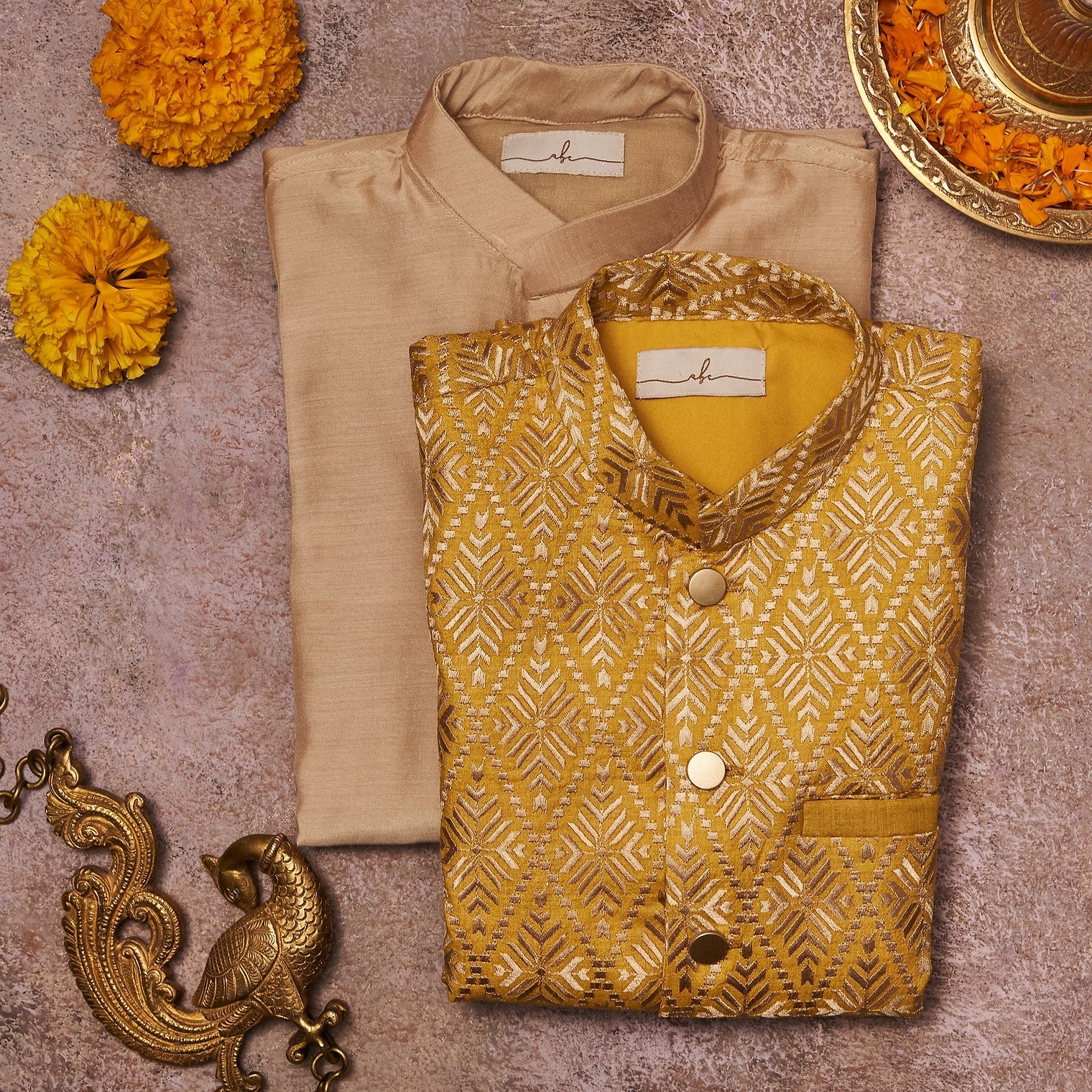 Lemon Yellow Embroidered Kurta Jacket Set
