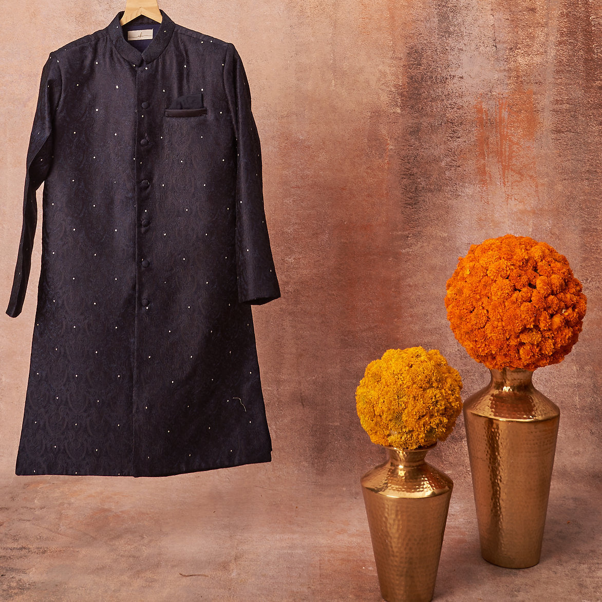Navy Blue Handloom Silk Achkan Set