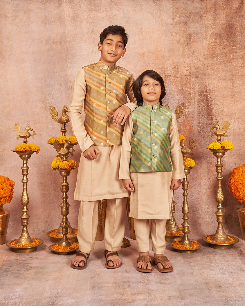 Yellow Multicolour Moonga Silk Kurta Jacket Set