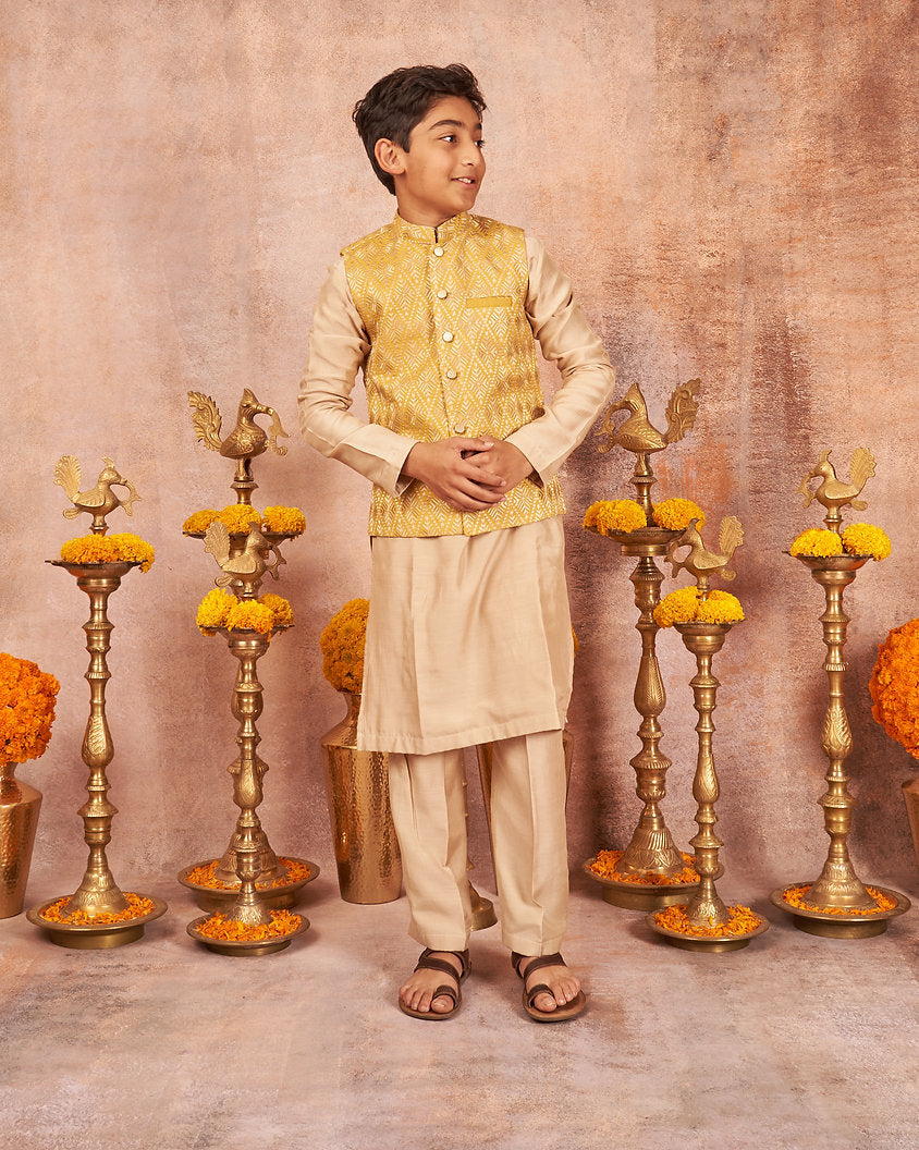 Lemon Yellow Embroidered Kurta Jacket Set