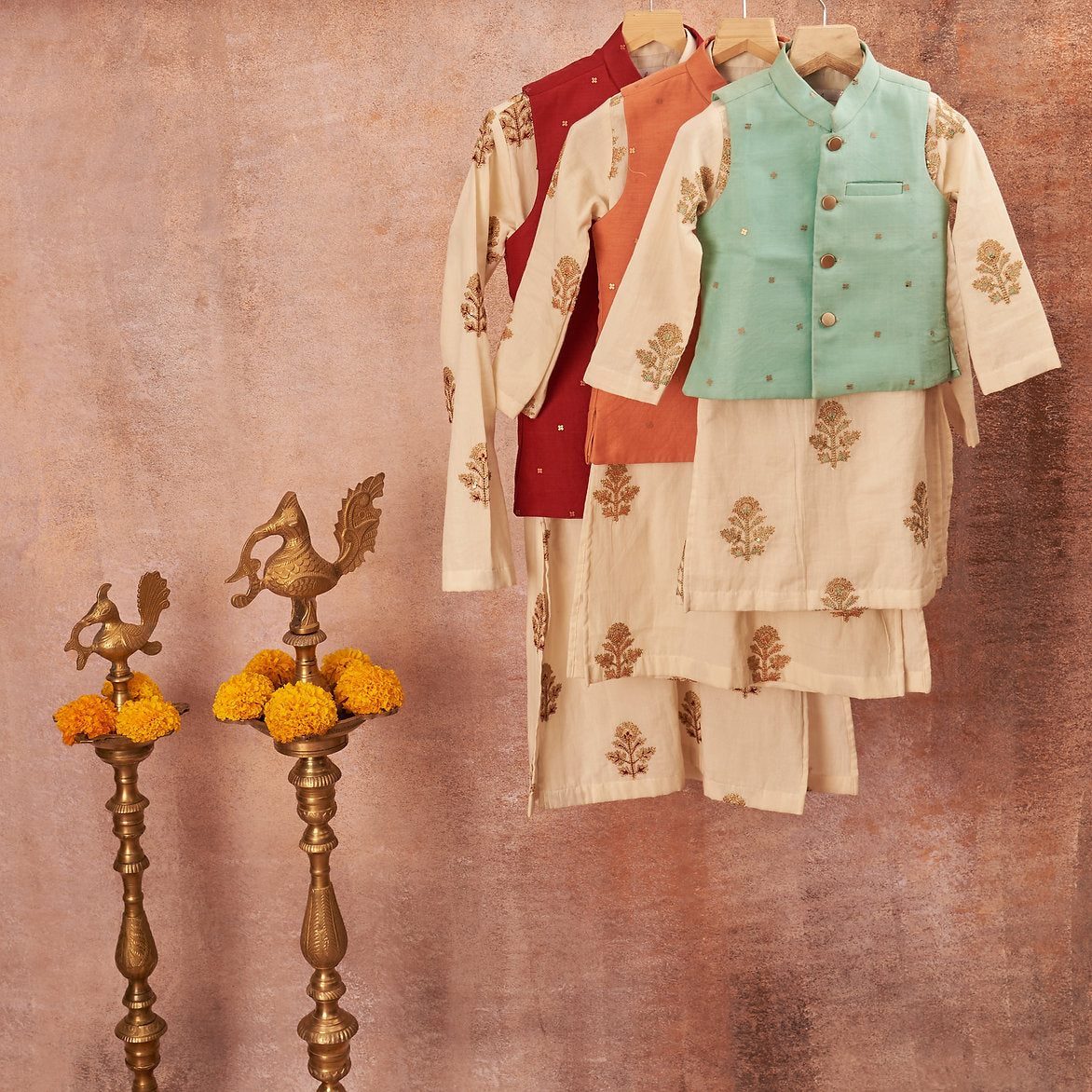 Orange Embroidered Kurta Jacket Set