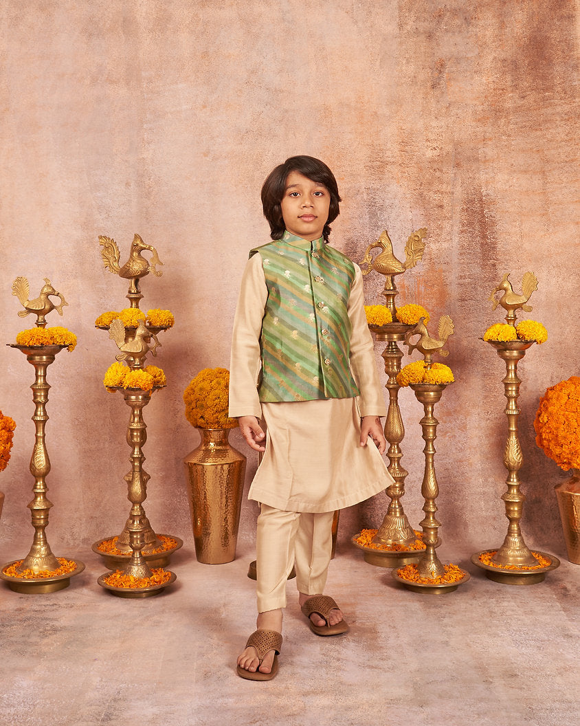 Green Multicolour Moonga Silk Kurta Jacket Set