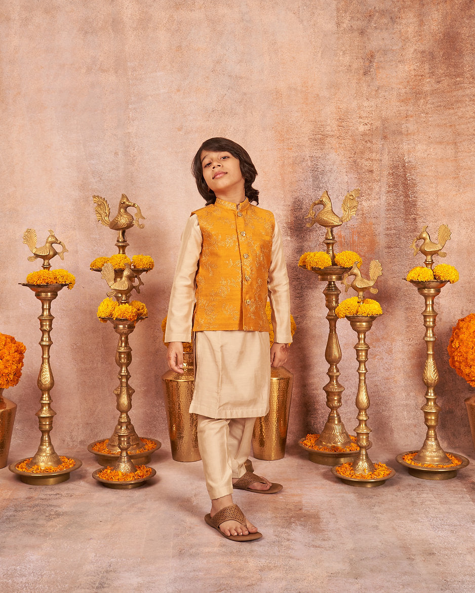 Mustard Zari Work Kurta Jacket Set