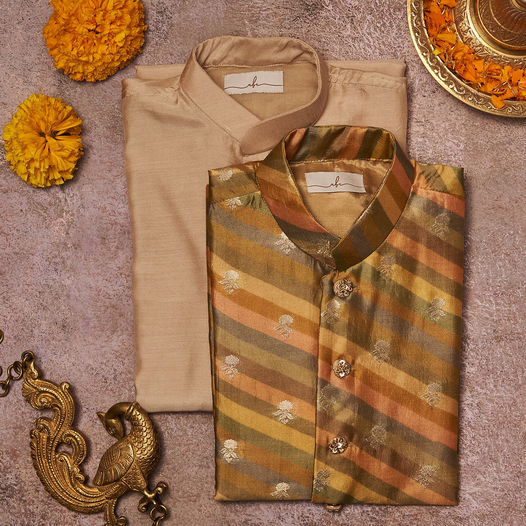 Yellow Multicolour Moonga Silk Kurta Jacket Set