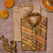 Yellow Multicolour Moonga Silk Kurta Jacket Set