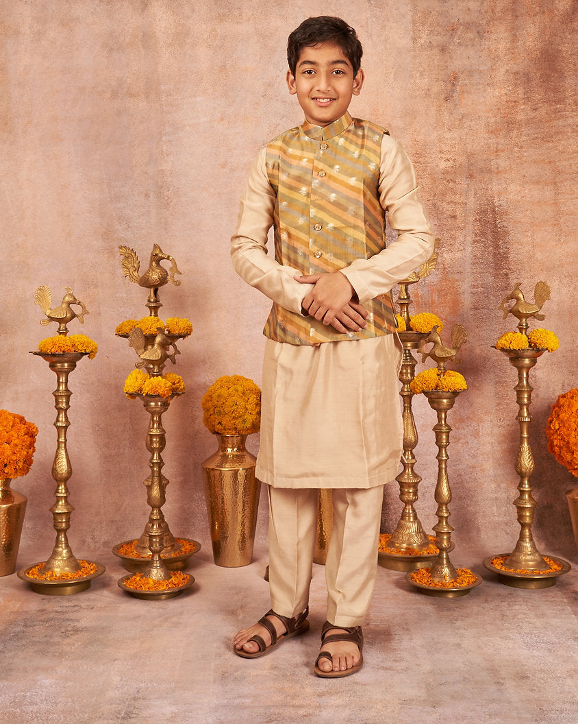 Yellow Multicolour Moonga Silk Kurta Jacket Set