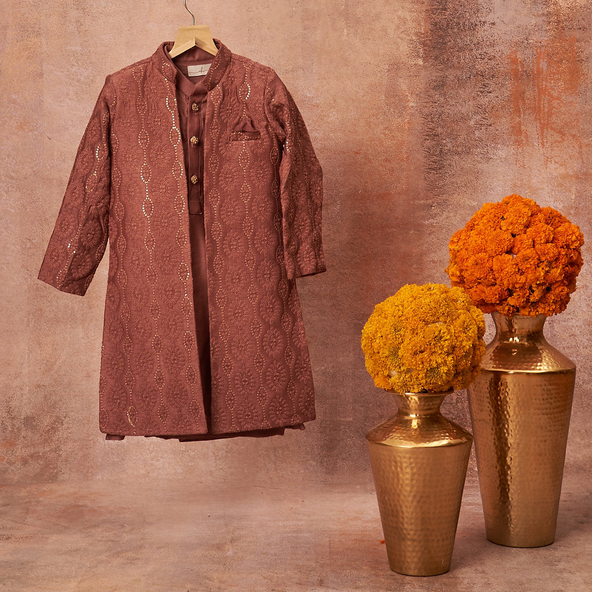 Wine Embroidered Open Achkan Set