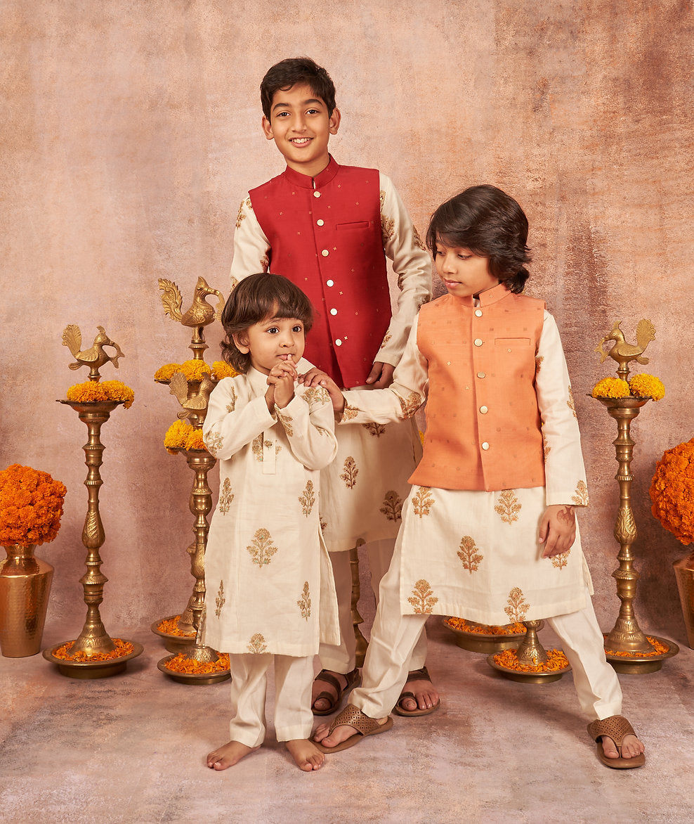 Orange Embroidered Kurta Jacket Set