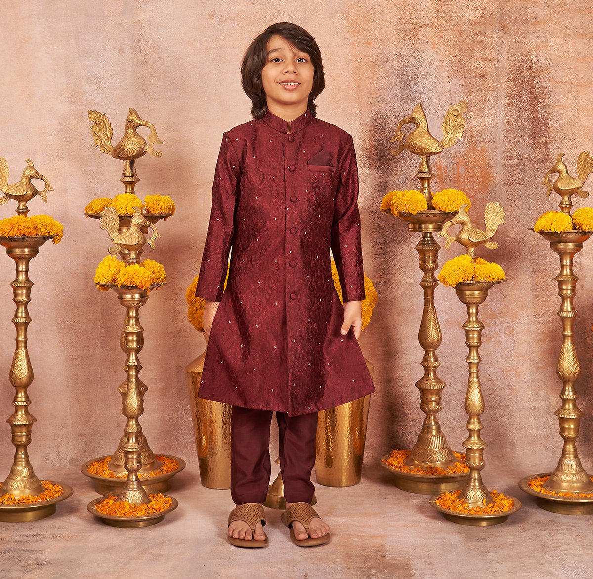 Maroon Handloom Silk Achkan Set