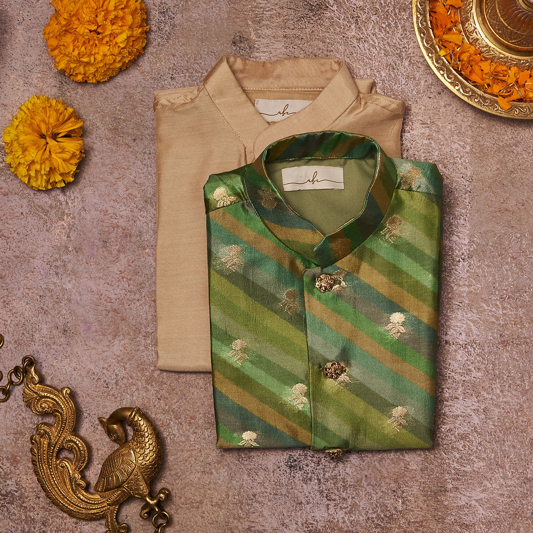 Green Multicolour Moonga Silk Kurta Jacket Set