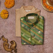 Green Multicolour Moonga Silk Kurta Jacket Set
