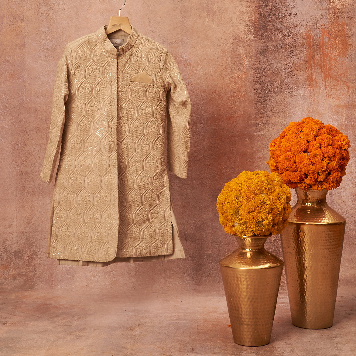 Thread Sequins Work Achkan With Kurta Pajama Set