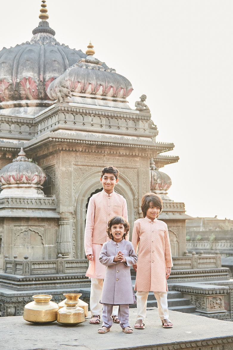 Thread Sequins Work Slub Silk Achkan And Pajama Set