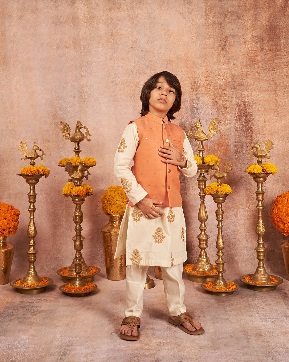 Orange Embroidered Kurta Jacket Set