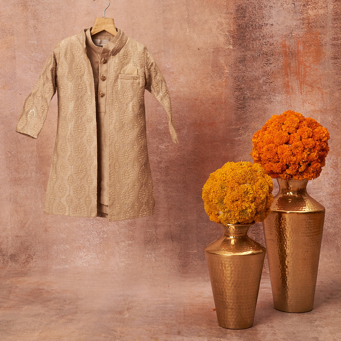 Light Grey Embroidered Open Achkan Set