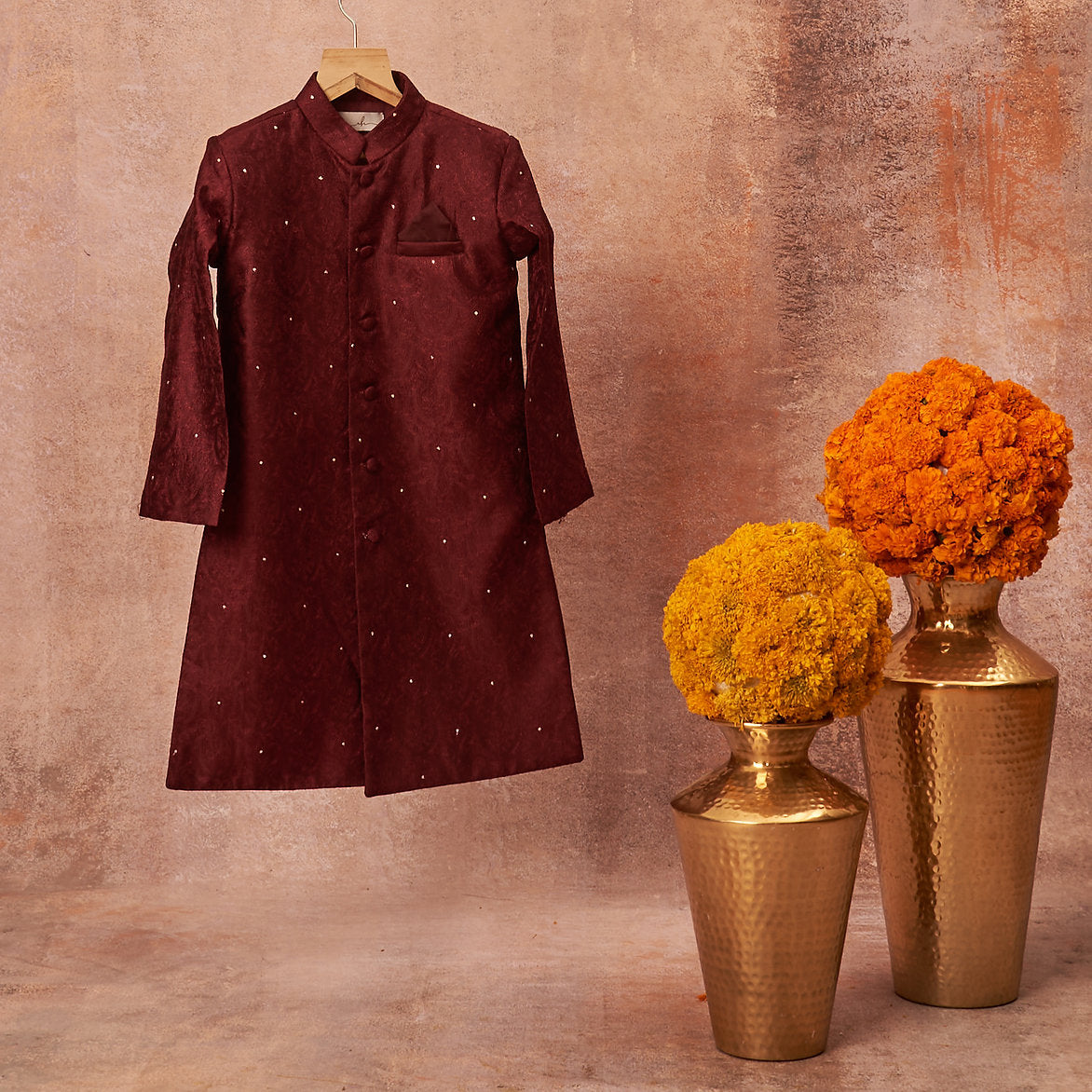 Maroon Handloom Silk Achkan Set