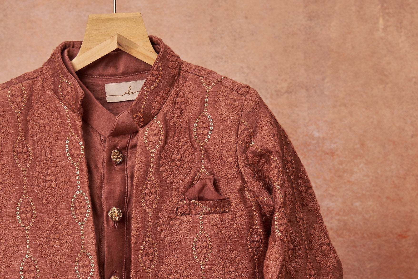Wine Embroidered Open Achkan Set