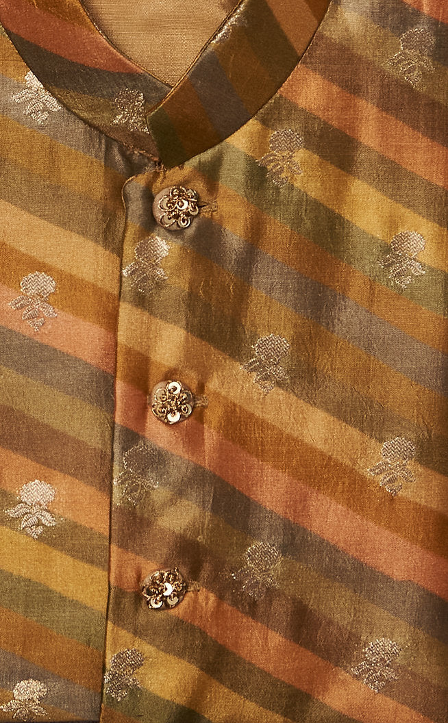 Yellow Multicolour Moonga Silk Kurta Jacket Set