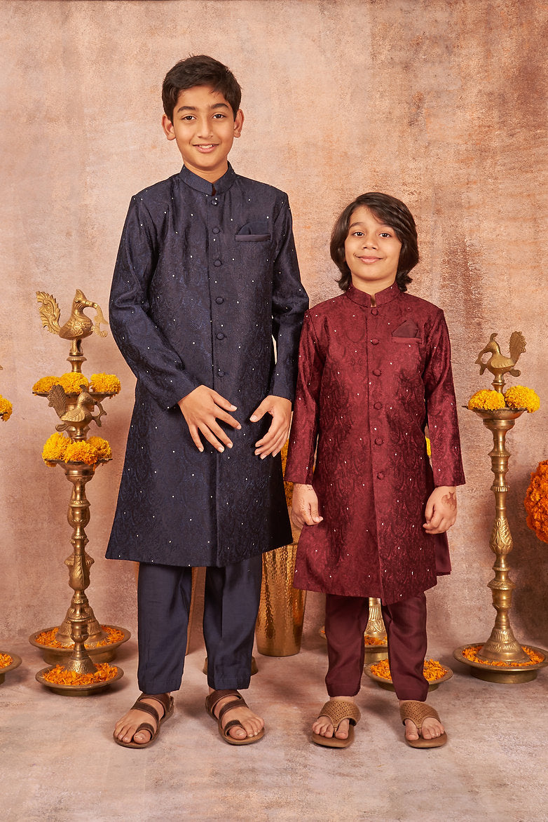 Navy Blue Handloom Silk Achkan Set