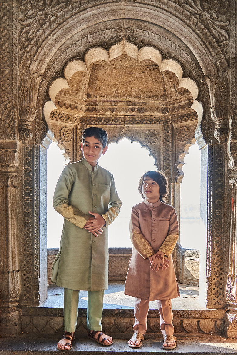 Moonga Silk Achkan With Zari Banarsi Jaal