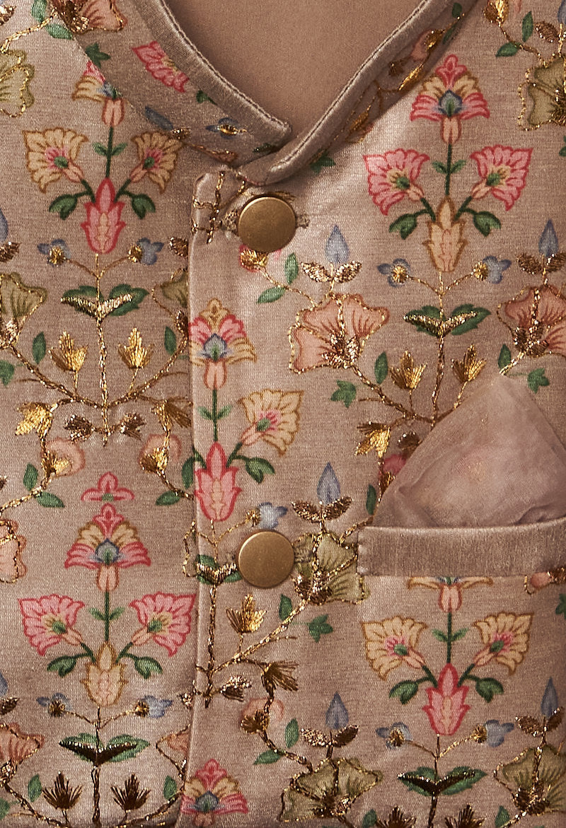 Print With Zari Work Jacket And Kurta Pajama Set