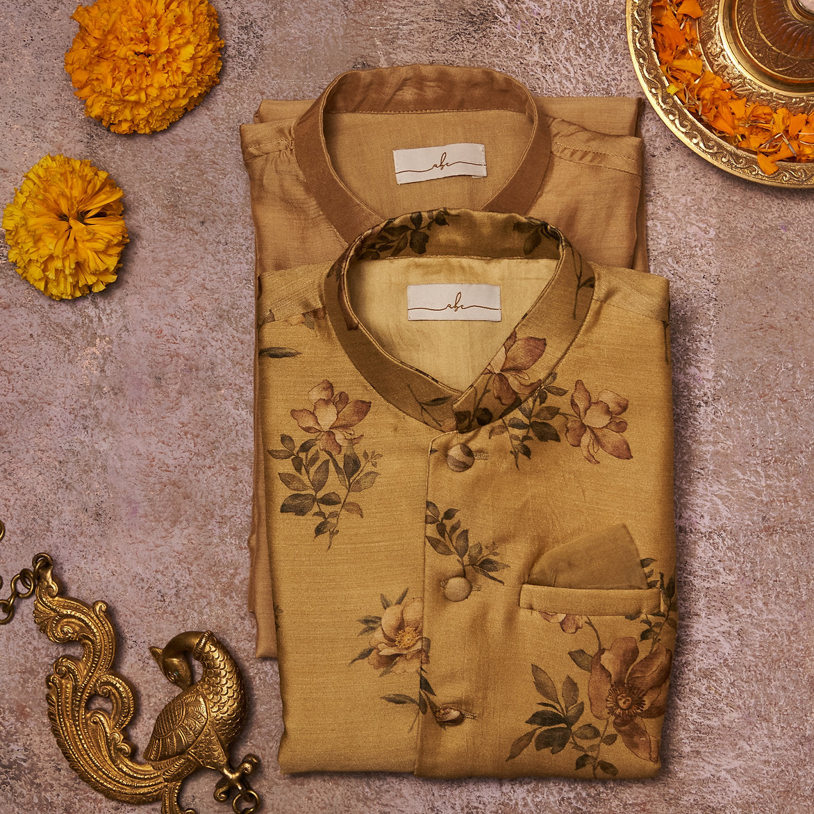 Dull Green Tussar Silk Kurta Jacket Set