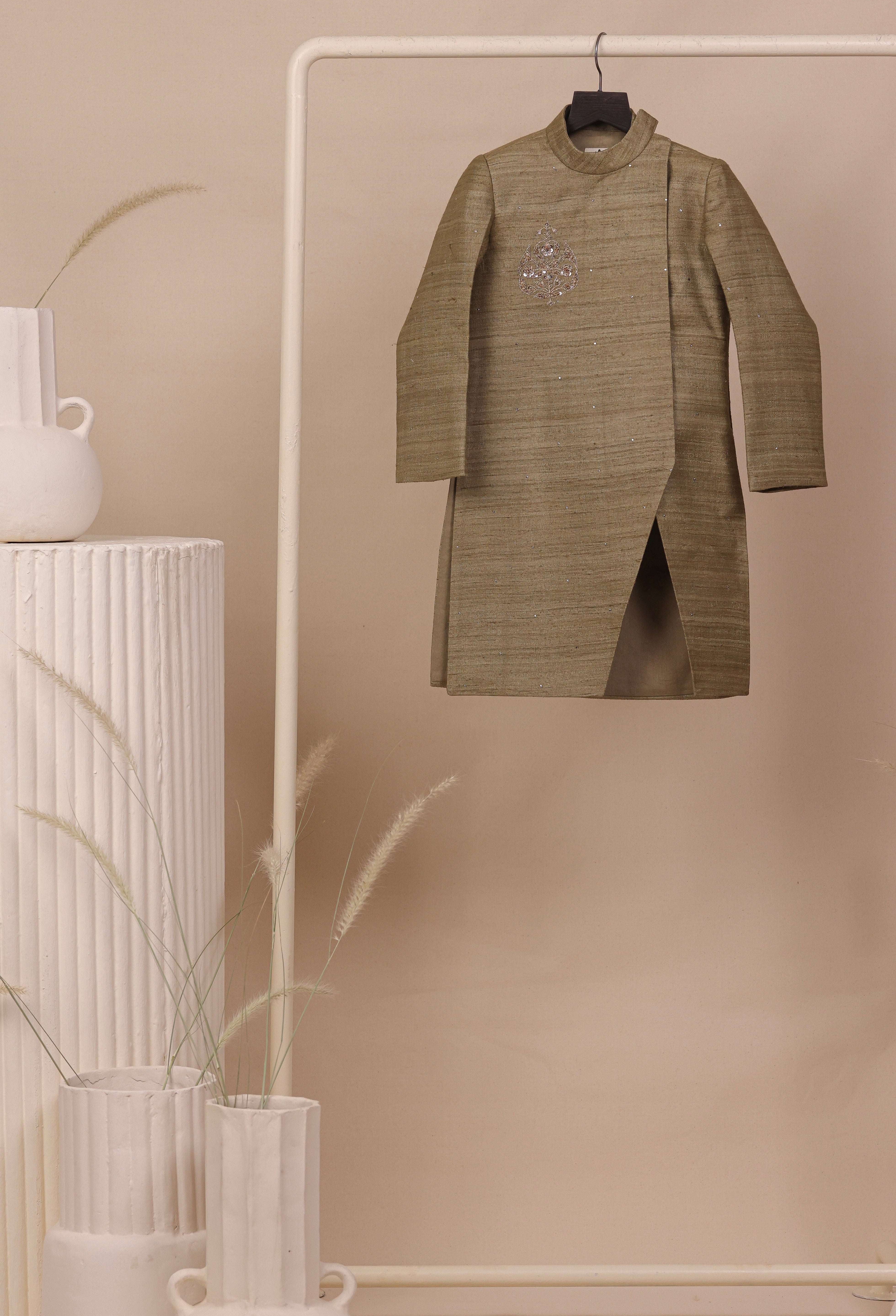 Olive Slit Achkan Set