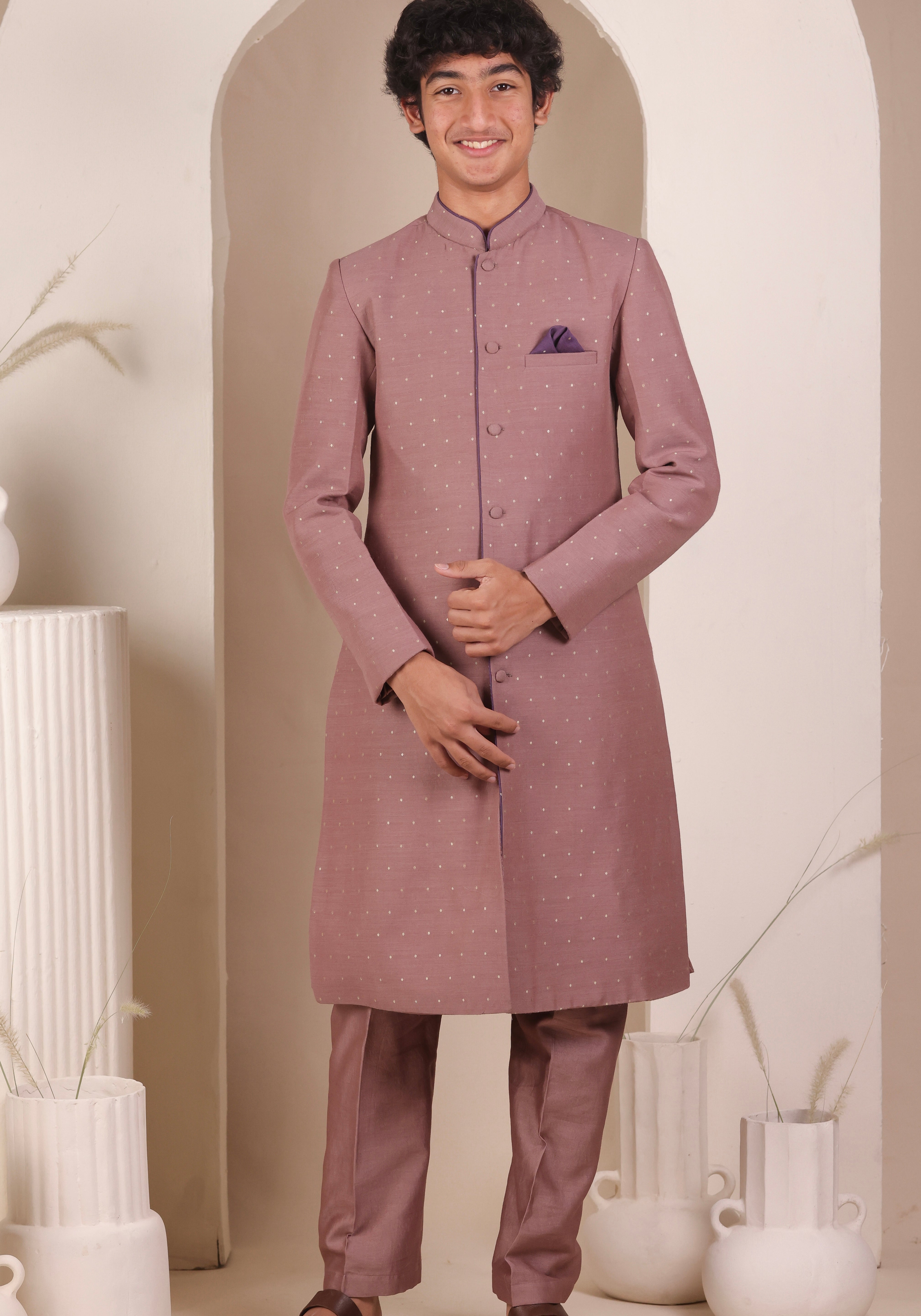 Old Rose Moonga Achkan Set