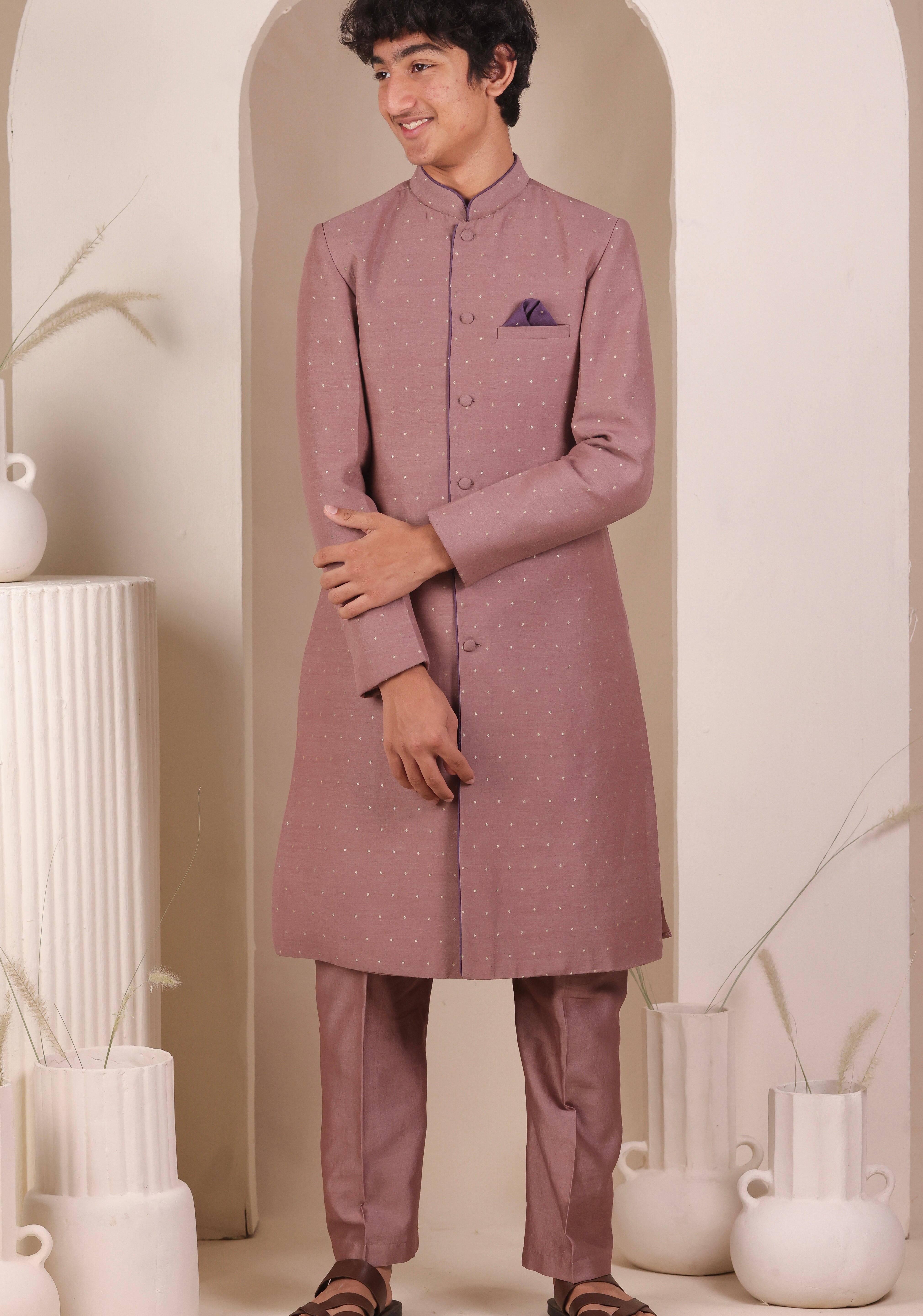 Old Rose Moonga Achkan Set