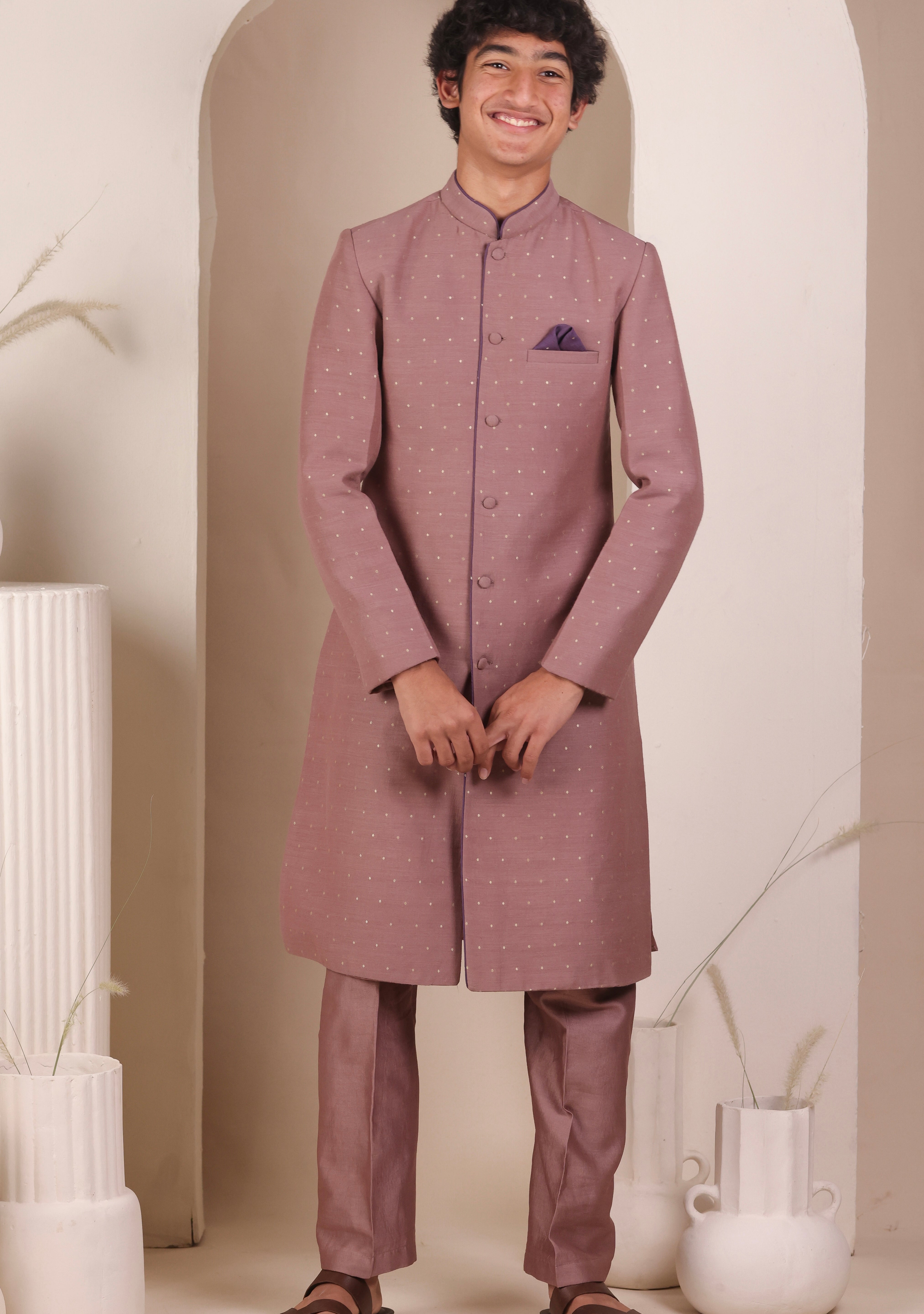Old Rose Moonga Achkan Set