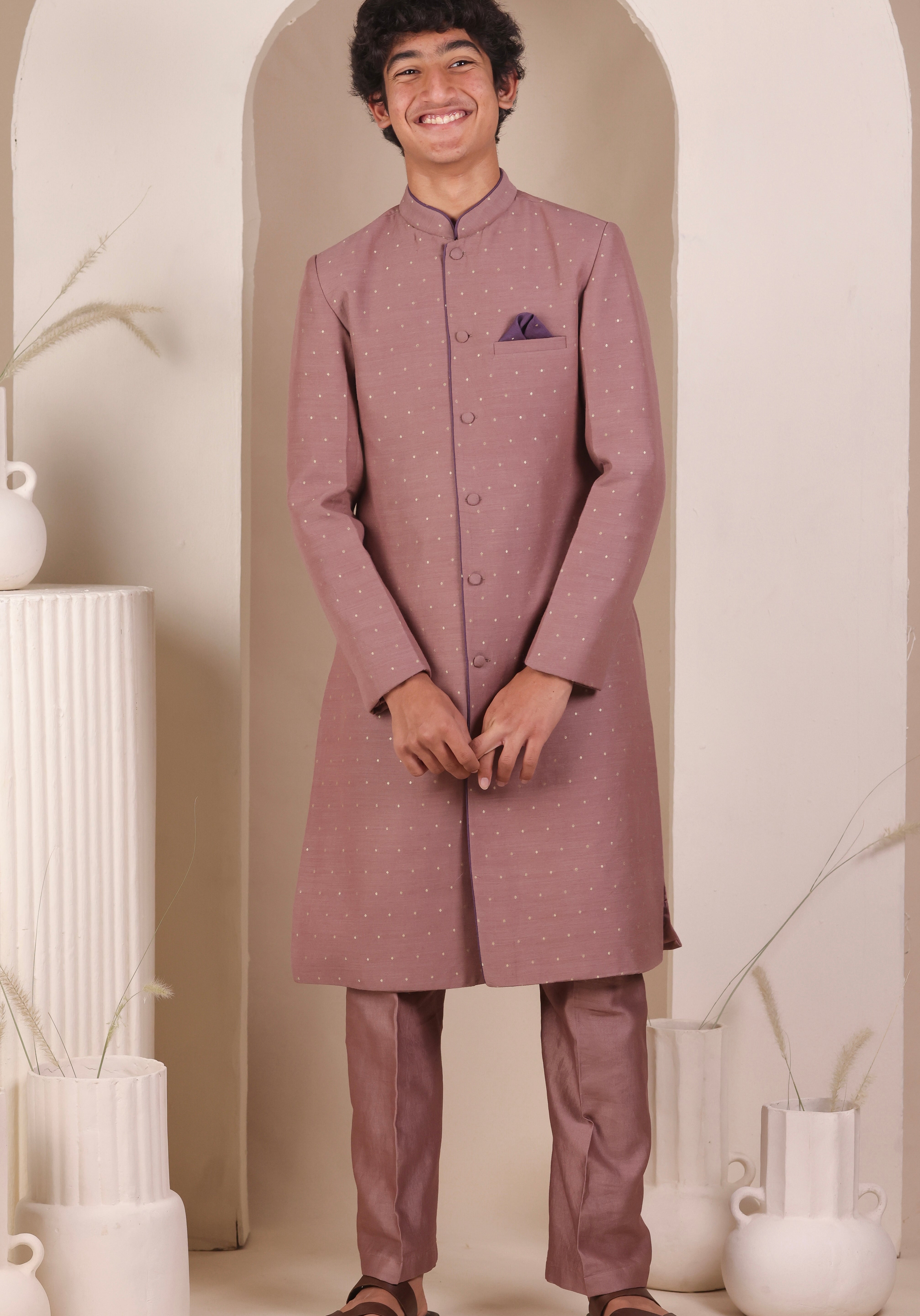 Old Rose Moonga Achkan Set
