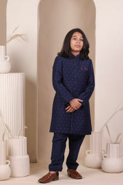 Navy Blue Moonga Achkan Set