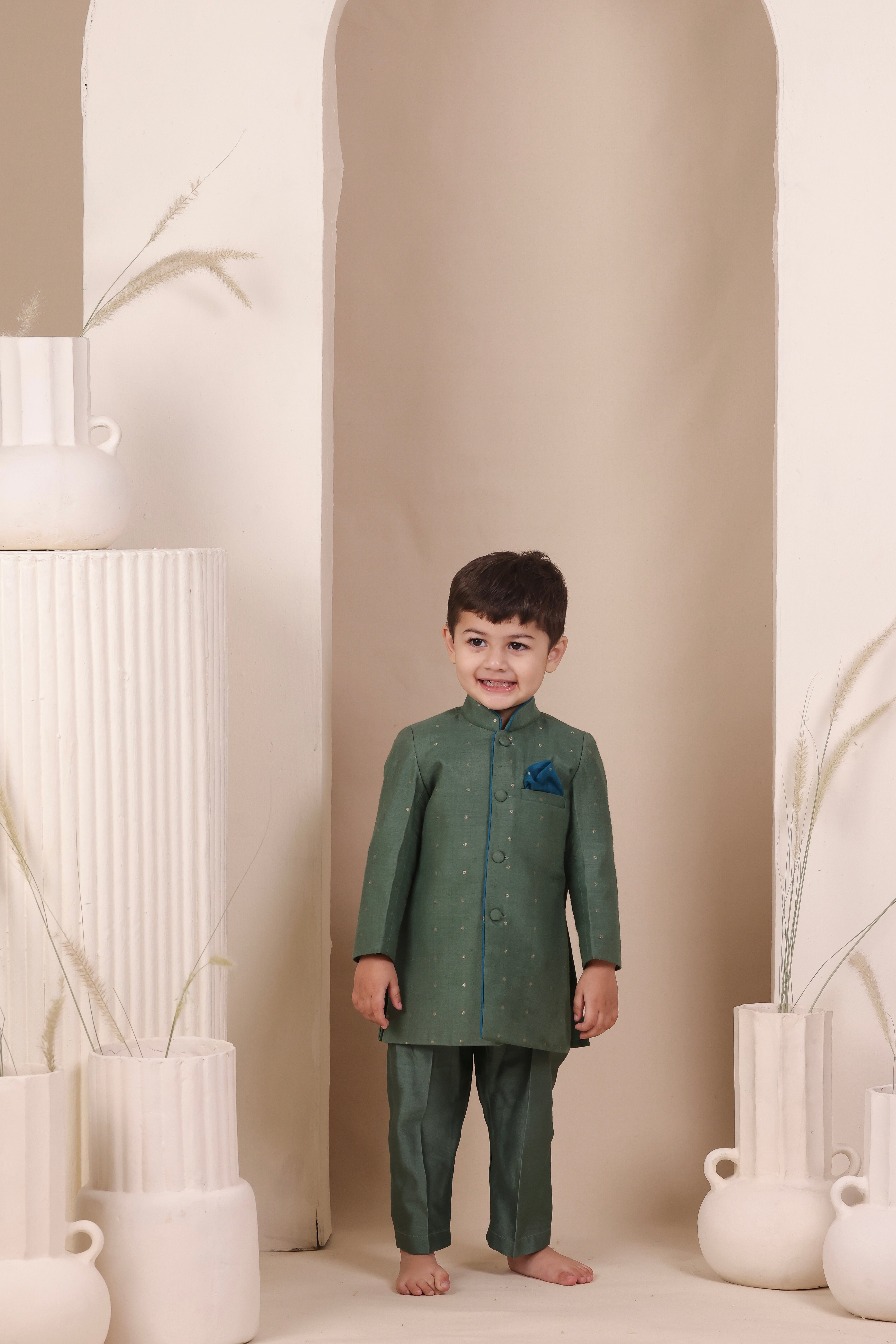 Dull Green Moonga Achkan Set