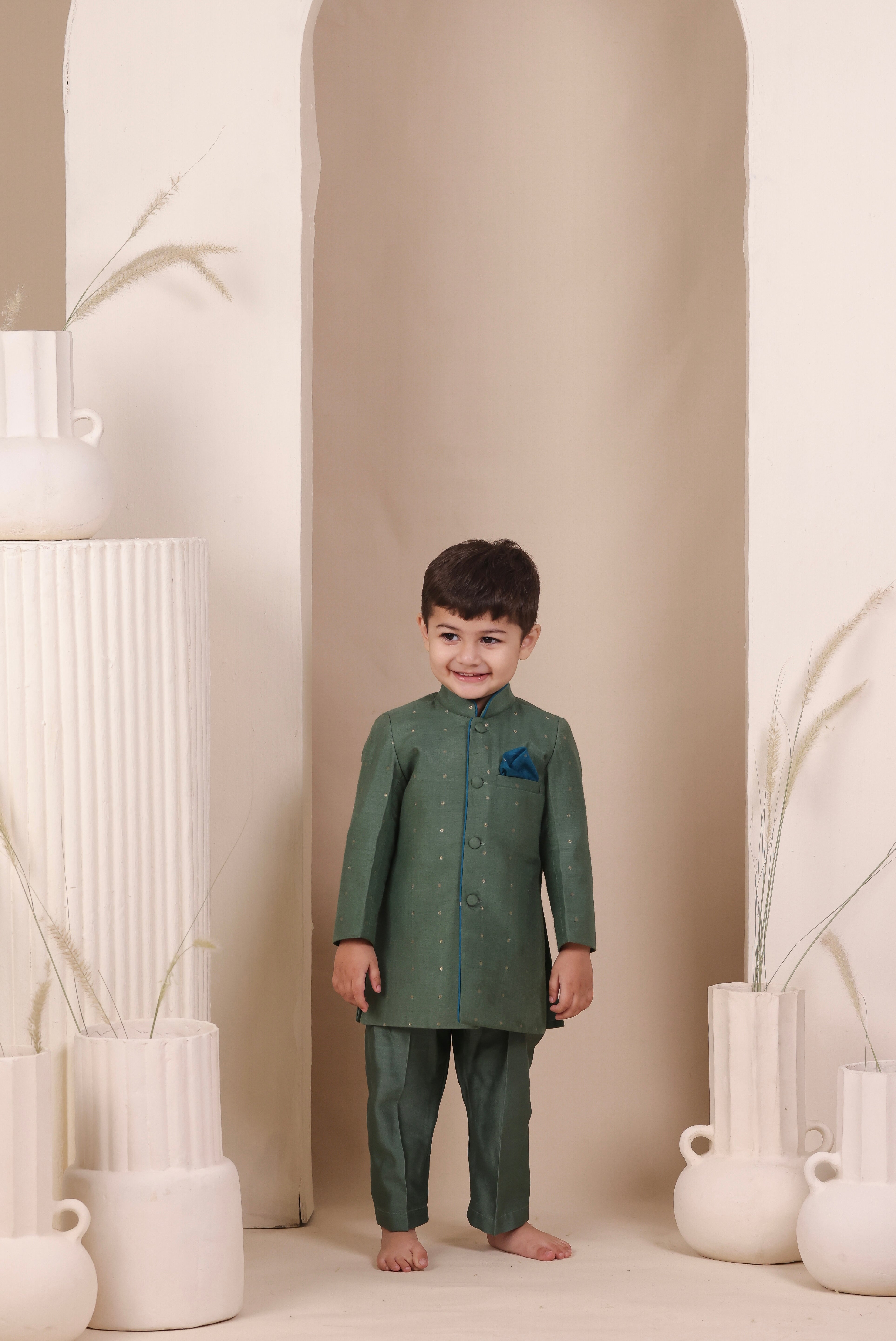 Dull Green Moonga Achkan Set