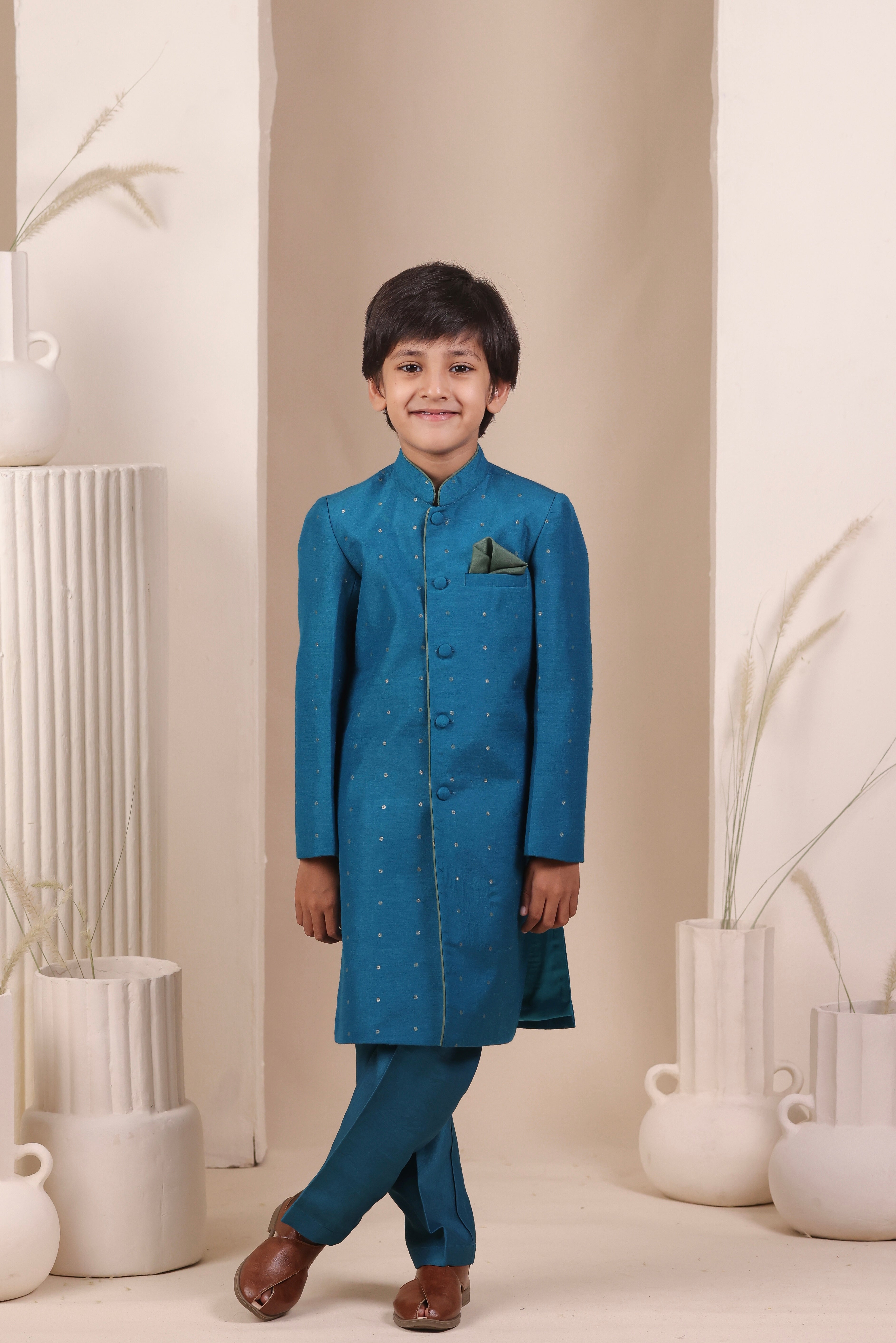 Turquoise Moonga Achkan Set