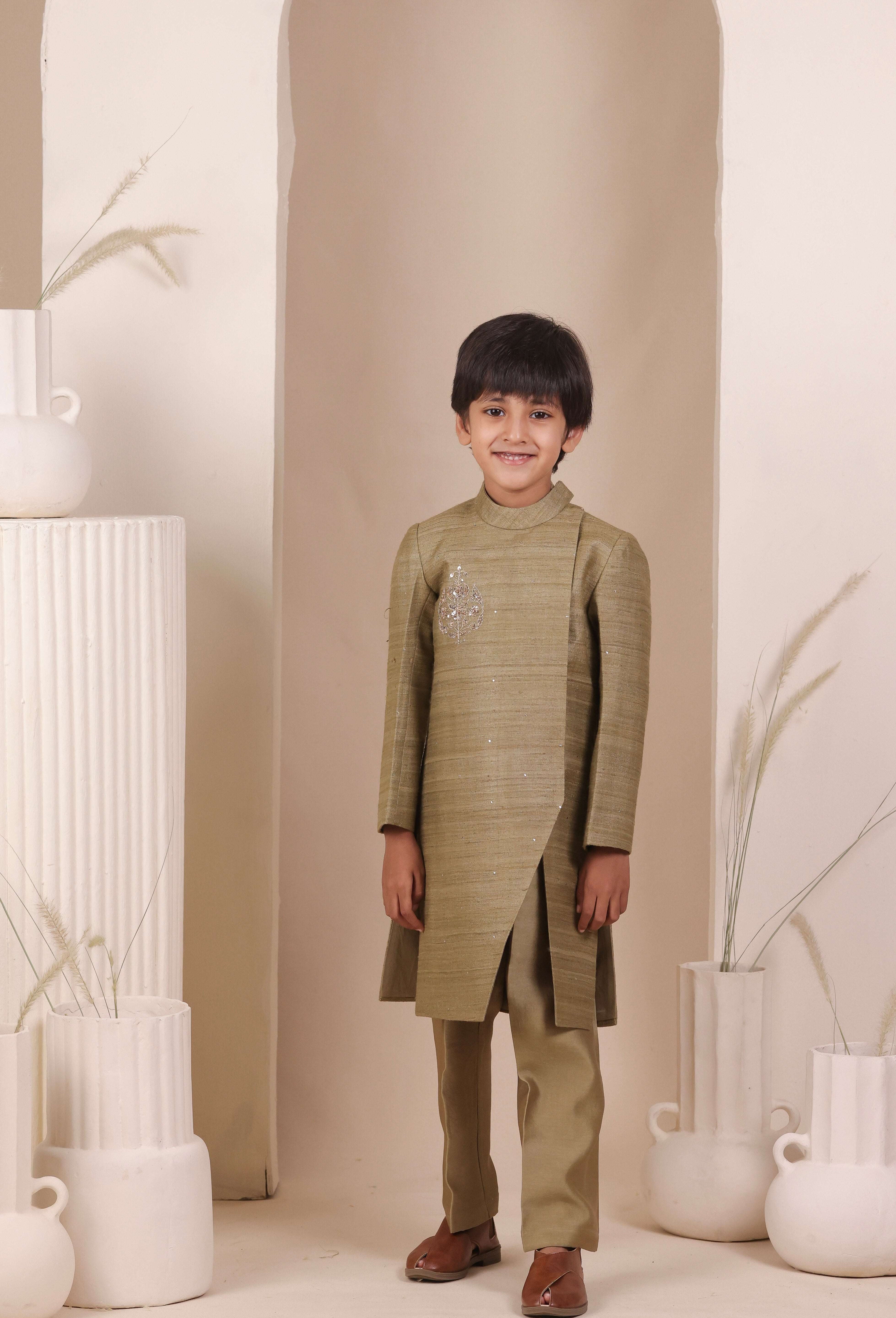 Olive Slit Achkan Set