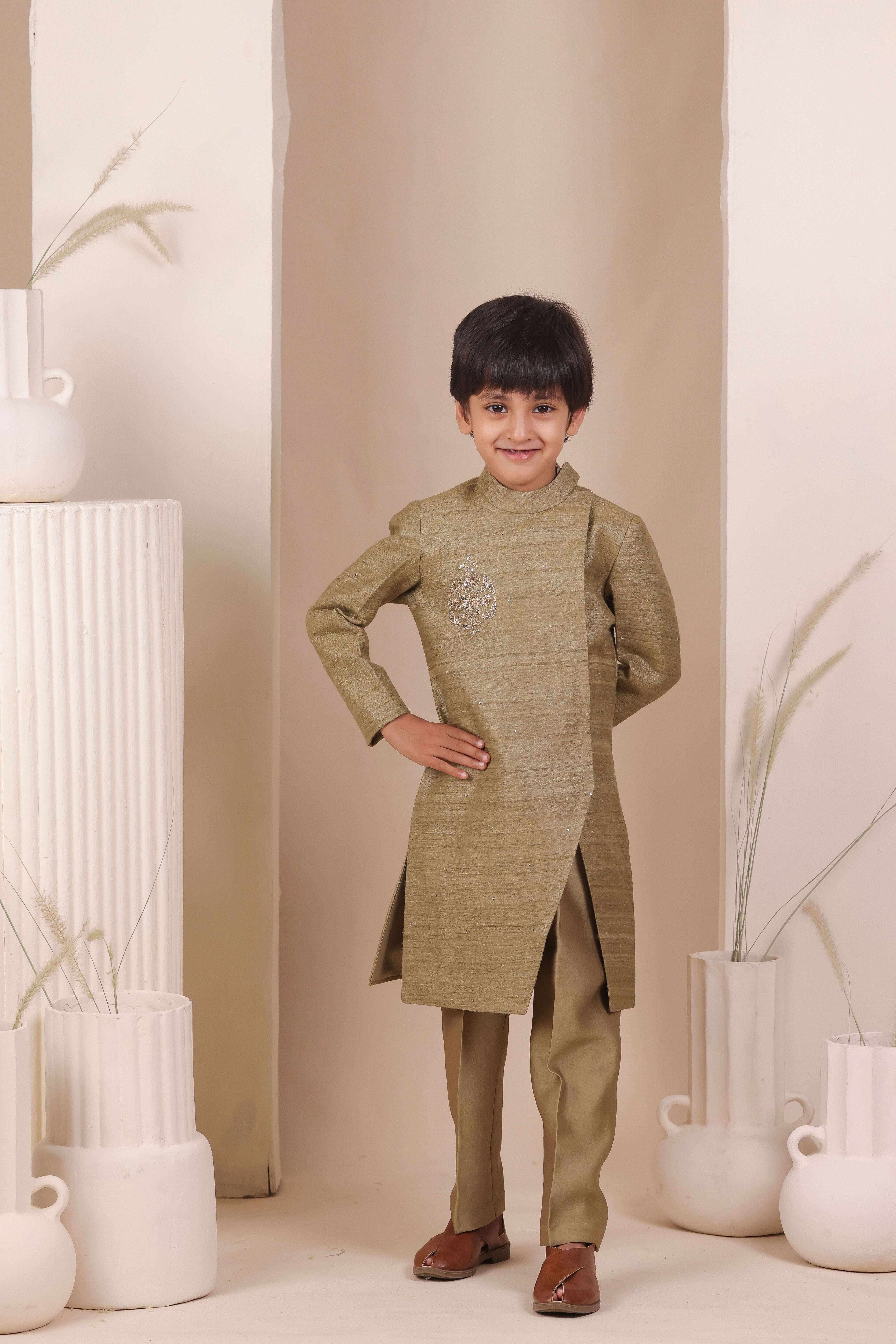 Olive Slit Achkan Set