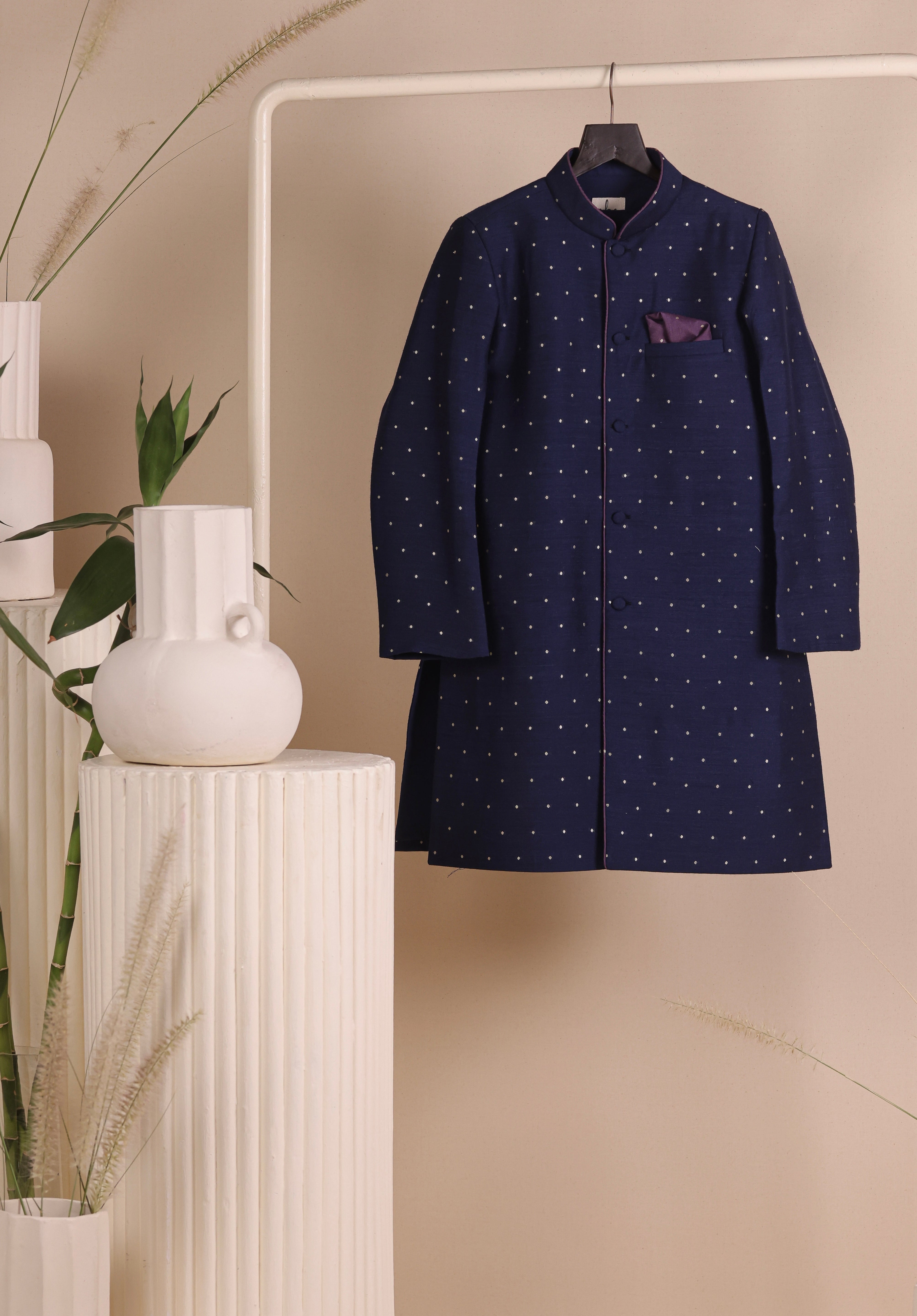Navy Blue Moonga Achkan Set