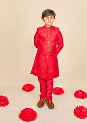 Bright Red Silk Weave Achkan Set