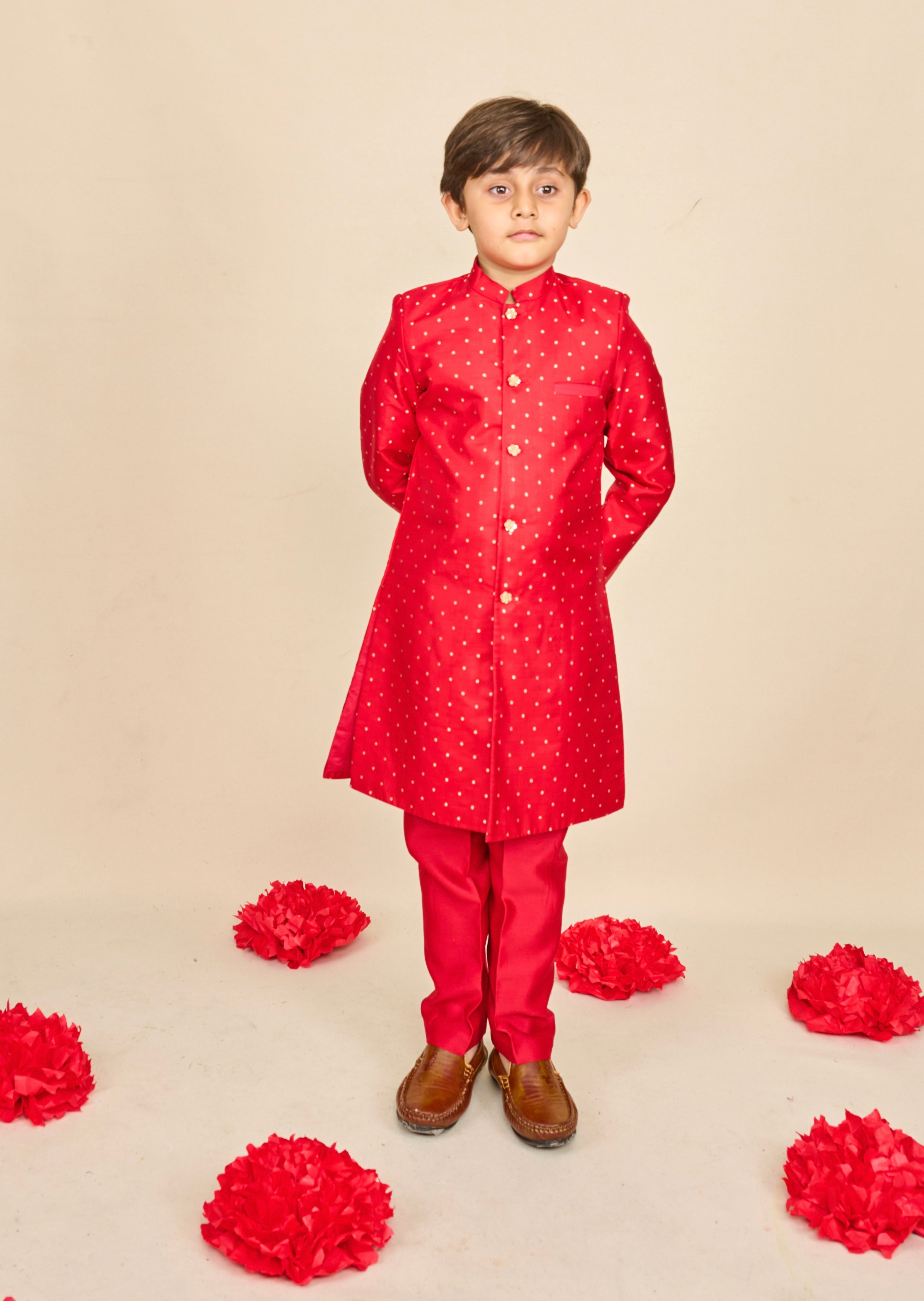Bright Red Silk Weave Achkan Set