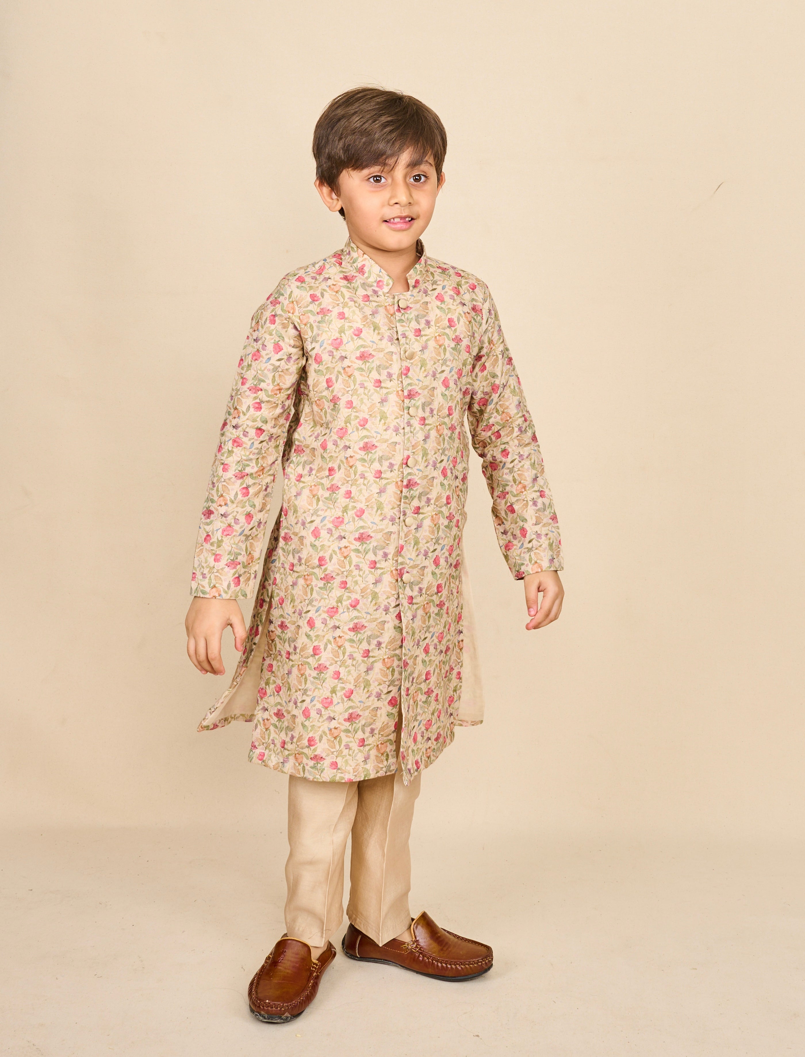 Coral Red Multicolour Linen Kurta Set