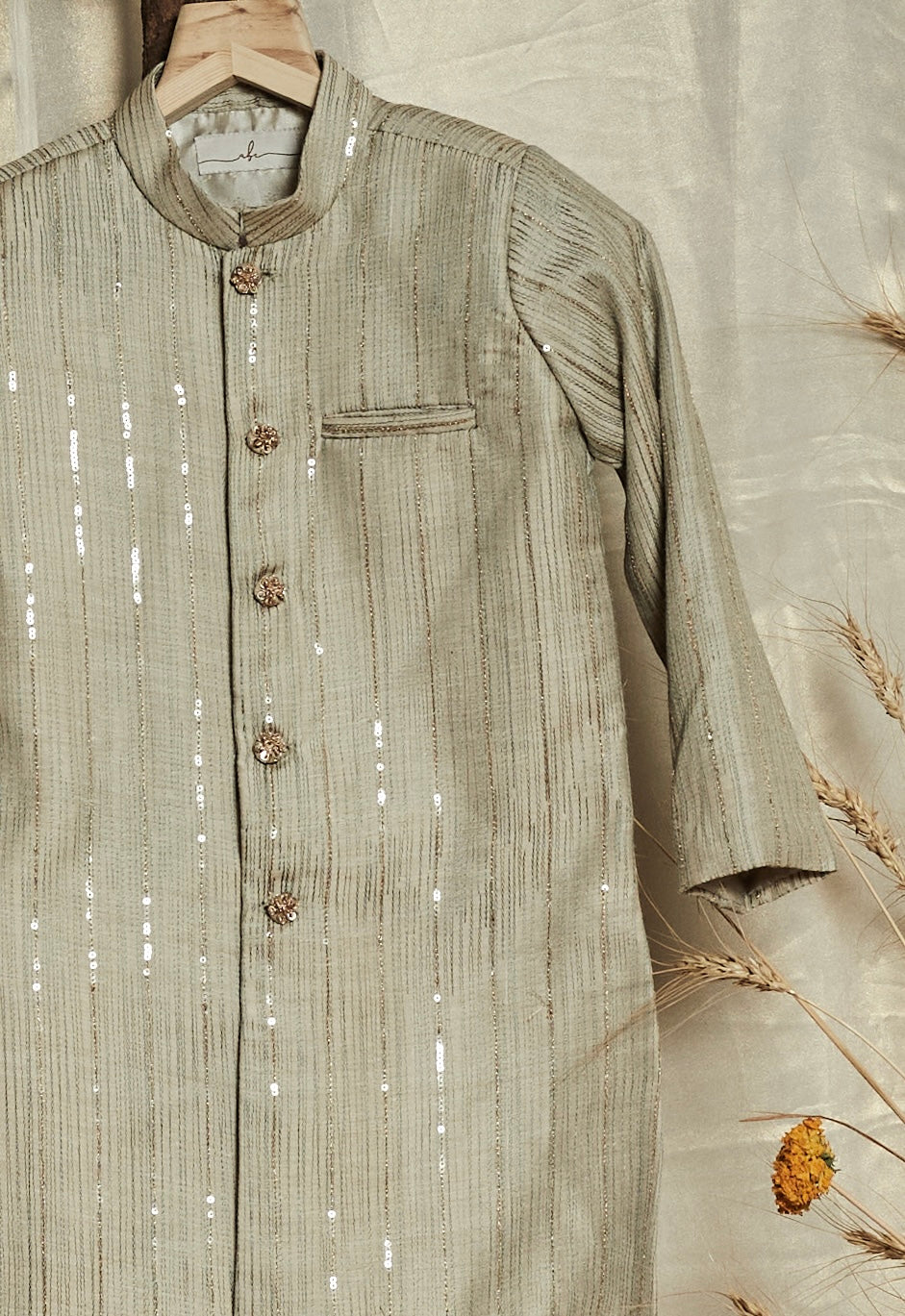 Sage Green Sequins Achkan Set