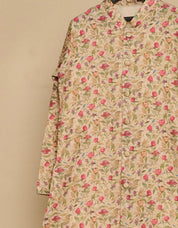Coral Red Multicolour Linen Kurta Set