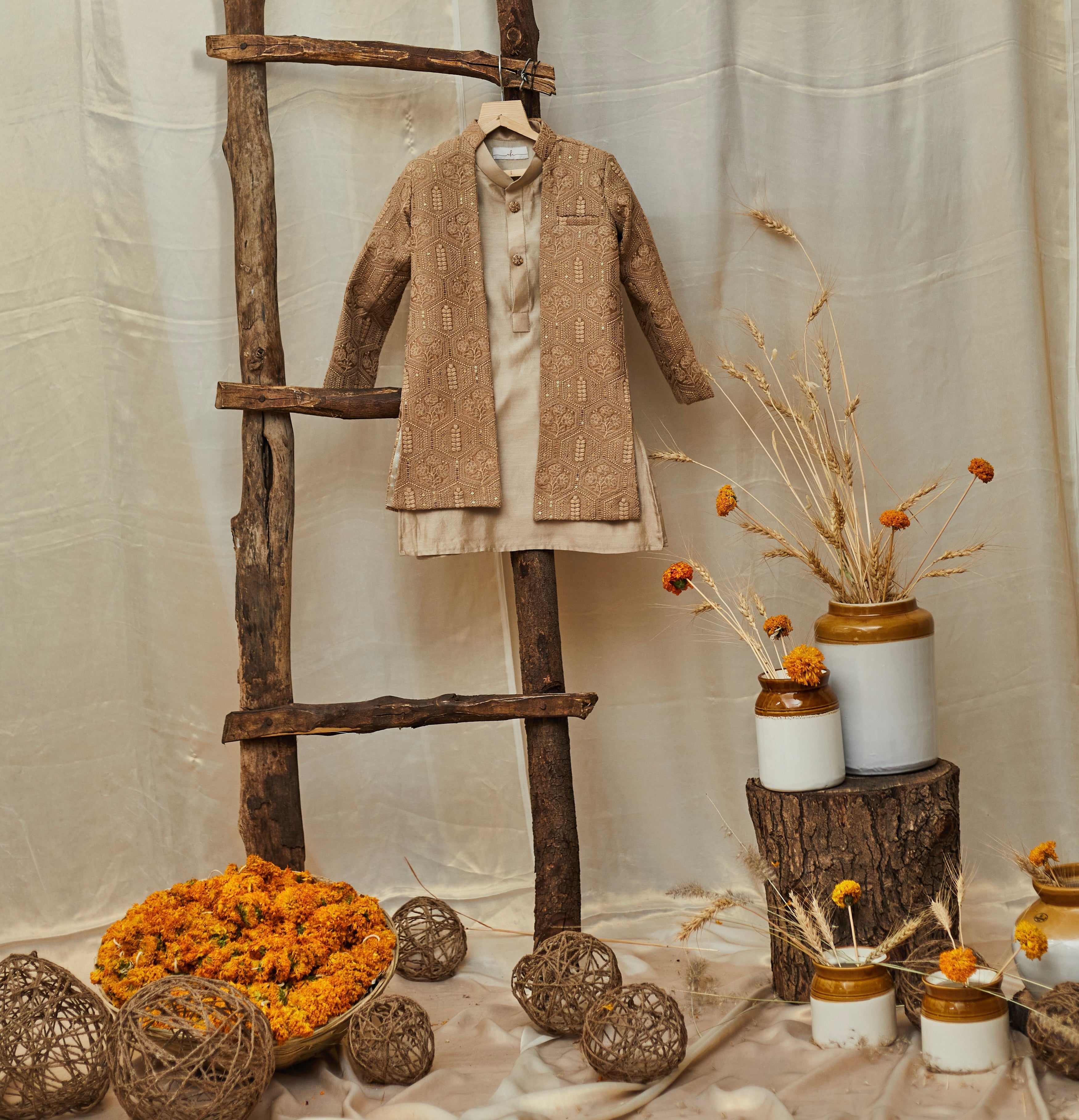 Beige Lakhnavi Open Achkan Set