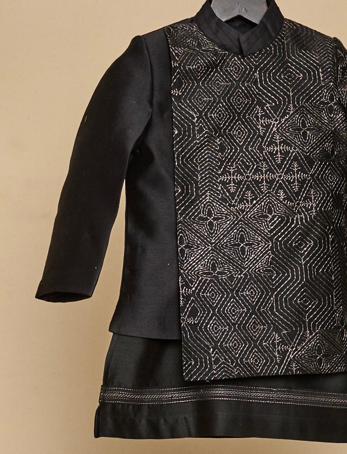 Black Handloom Silk Bandhgala Set