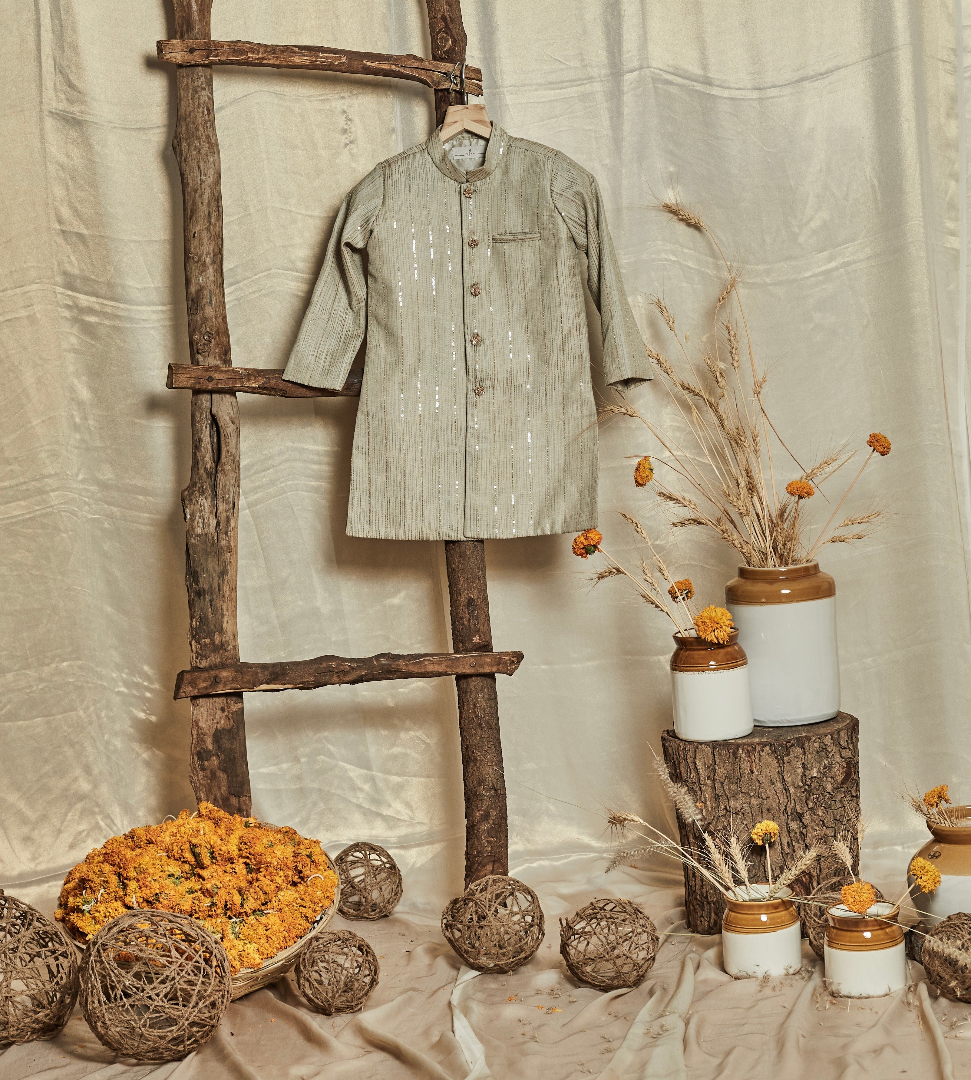 Sage Green Sequins Achkan Set